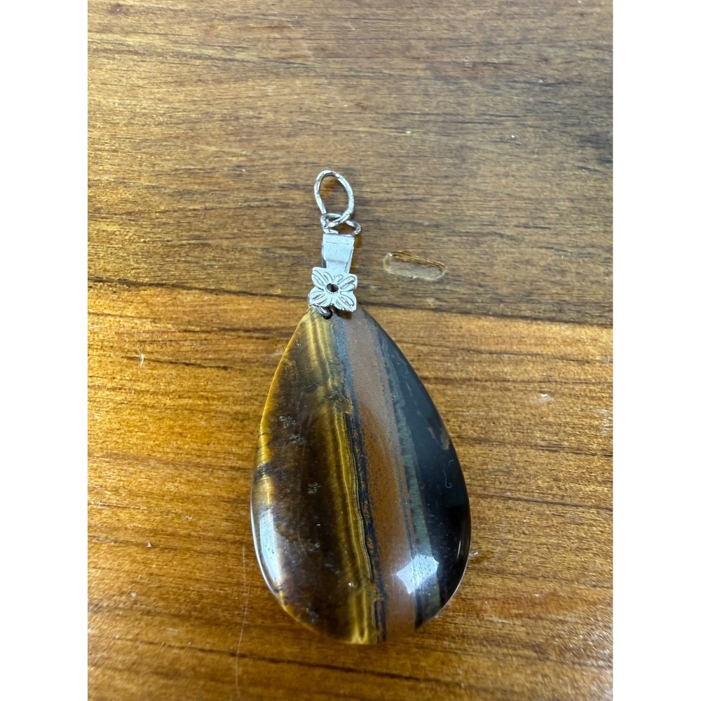 Natural Tigers Eye Teardrop Pendant Silver Tone Floral Bail Brown Gold Stone